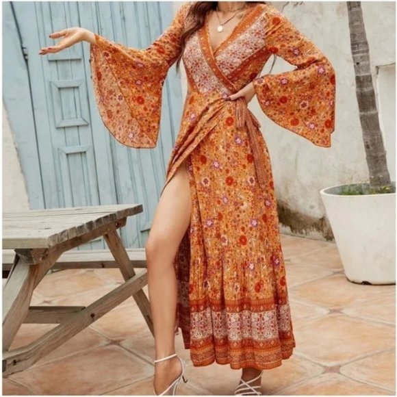 Boho Floral Print Wrap Maxi Dress orange - Picture 5 of 5